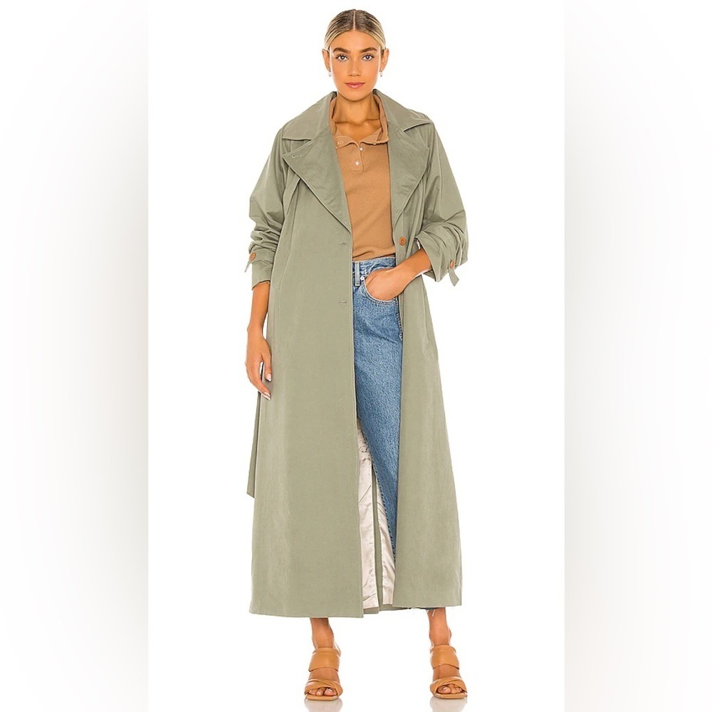 L'ACADEMIE Green Two Button Belted Back Vented Long Trench Coat NWOT Size XS